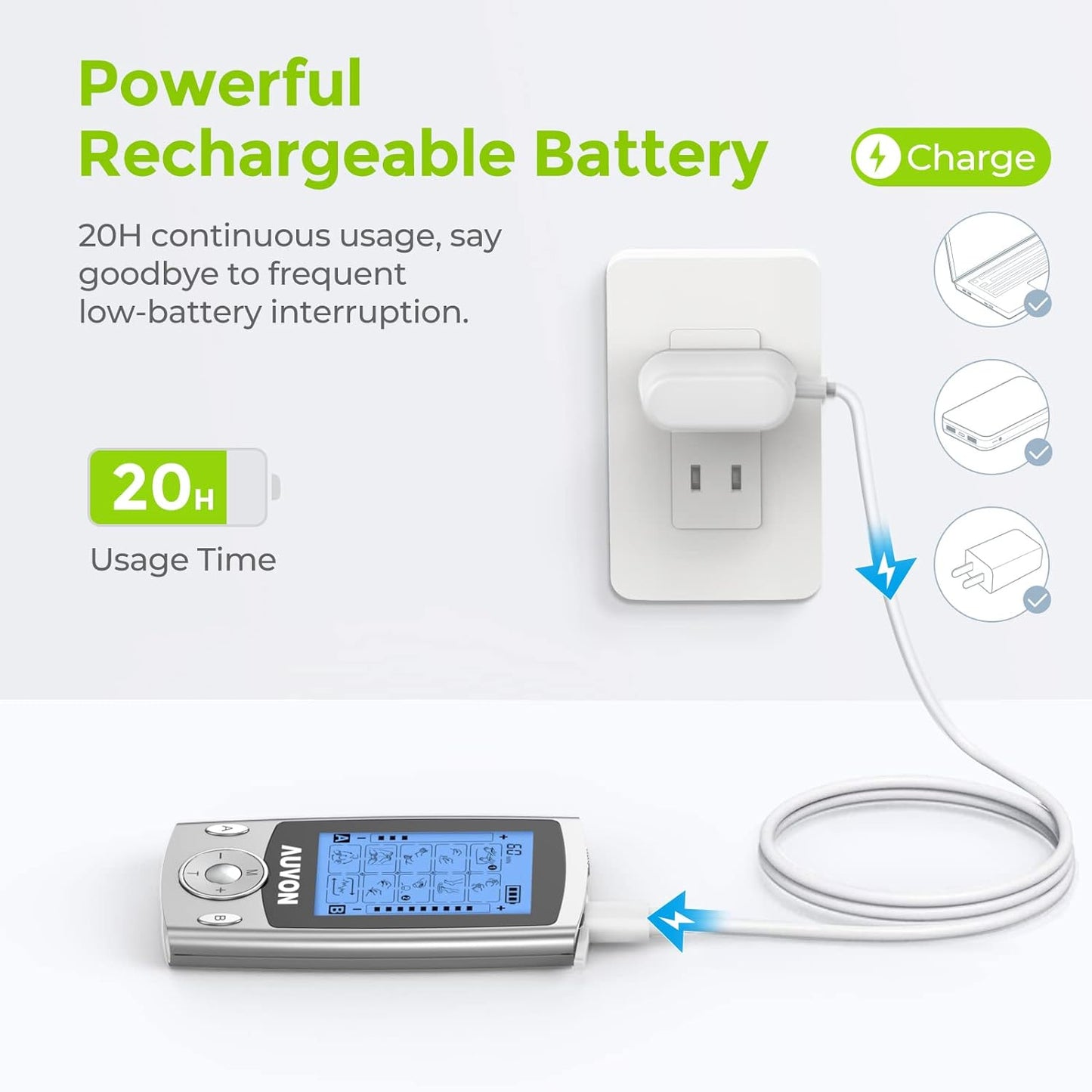 Dual Channel TENS Unit Muscle Stimulator , 20 Modes Rechargeable TENS Machine with Huge Pack of 24 Pcs Reusable TENS Unit Electrode Pads (2"X2" 16Pcs, 2"X4" 8Pcs)