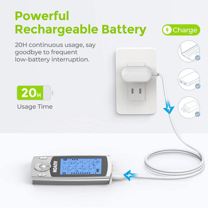 Dual Channel TENS Unit Muscle Stimulator , 20 Modes Rechargeable TENS Machine with Huge Pack of 24 Pcs Reusable TENS Unit Electrode Pads (2"X2" 16Pcs, 2"X4" 8Pcs)